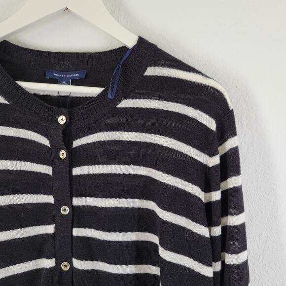 NWT Tommy Hilfiger Knit Cardigan Sweater Sz XL Black White Stripe Pockets Preppy - Picture 3 of 8